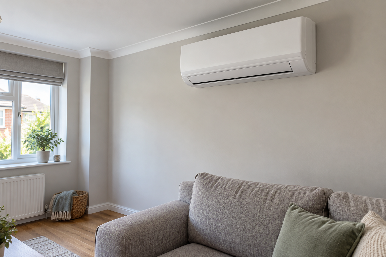 White air conditioning unit above a comfortable living room